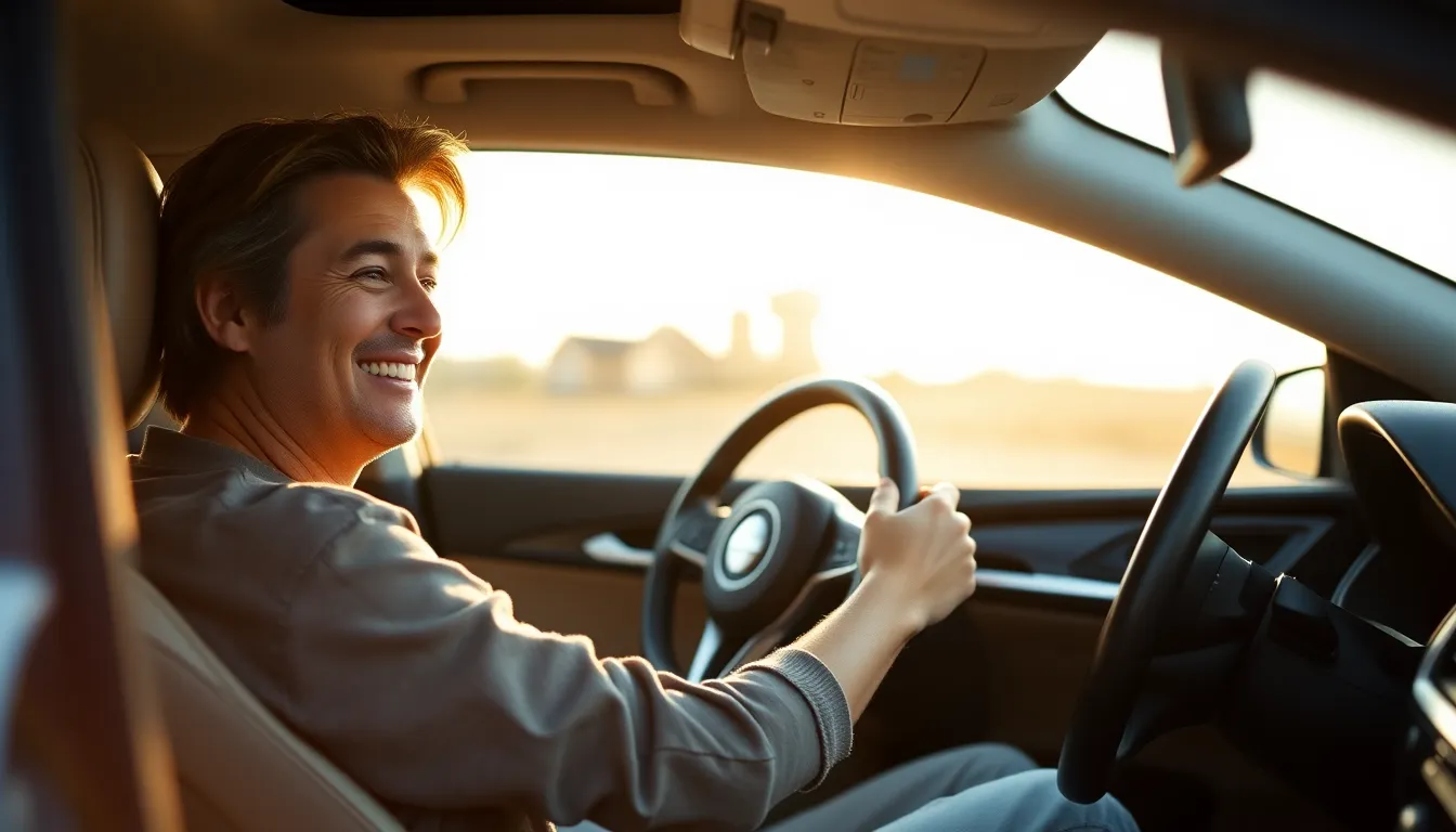 A relaxed driver at the wheel at golden hour