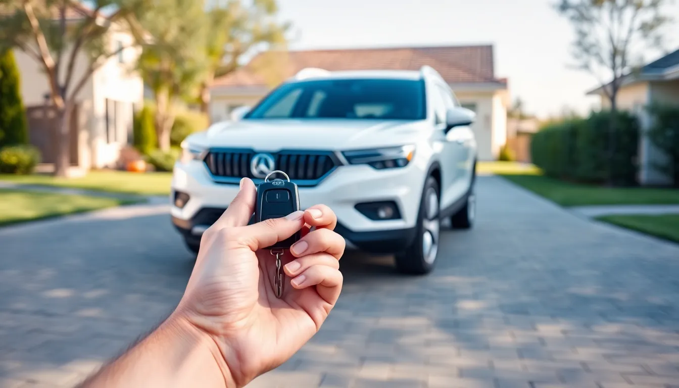 A driver holding car keys beside a clean SUV in a sunny driveway