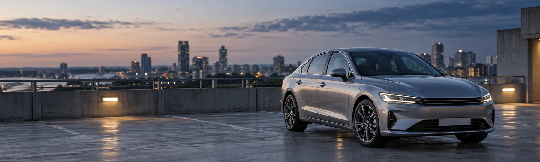 A silver sedan on a car park roof deck with a city skyline behind
